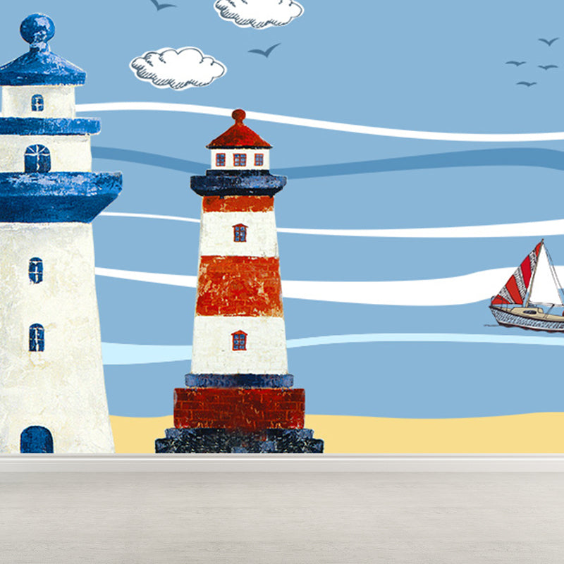 Nautical Lighthouse Mural Wallpaper Cartoon Non-Woven Cloth Wall Decor for Living Room Clearhalo 'Wall Decor' 'Wall Mural' 1699011