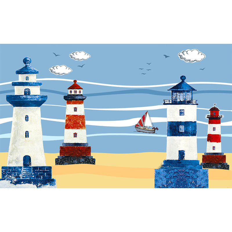 Nautical Lighthouse Mural Wallpaper Cartoon Non-Woven Cloth Wall Decor for Living Room Clearhalo 'Wall Decor' 'Wall Mural' 1699012