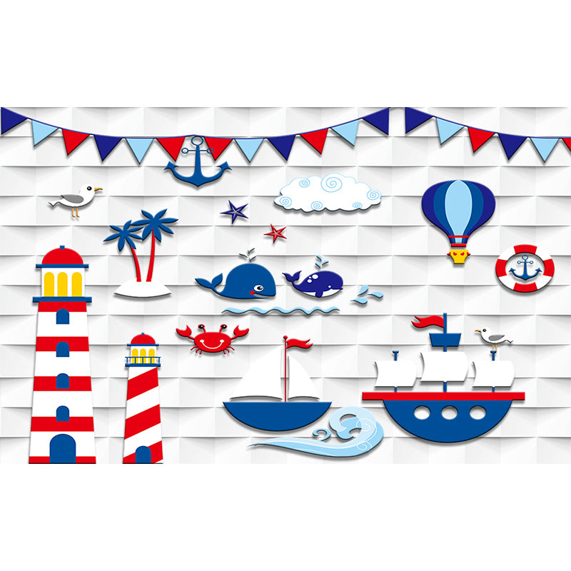 Nautical Lighthouse Mural Wallpaper Cartoon Non-Woven Cloth Wall Decor for Living Room Clearhalo 'Wall Decor' 'Wall Mural' 1699017
