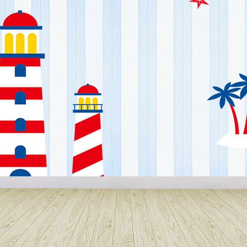 Nautical Lighthouse Mural Wallpaper Cartoon Non-Woven Cloth Wall Decor for Living Room Blue Design 4 Clearhalo 'Wall Decor' 'Wall Mural' 1699019