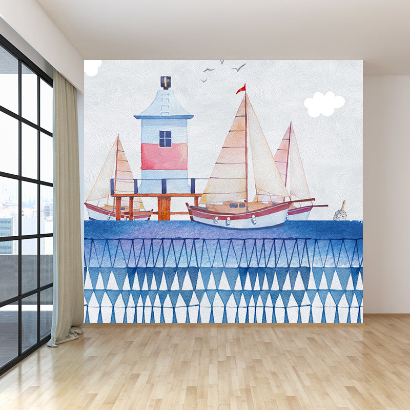 Cartoon Scenery Drawing Mural Decal Soft Color Childrens Art Wall Covering for Nursery Blue Clearhalo 'Wall Decor' 'Wall Mural' 1699024