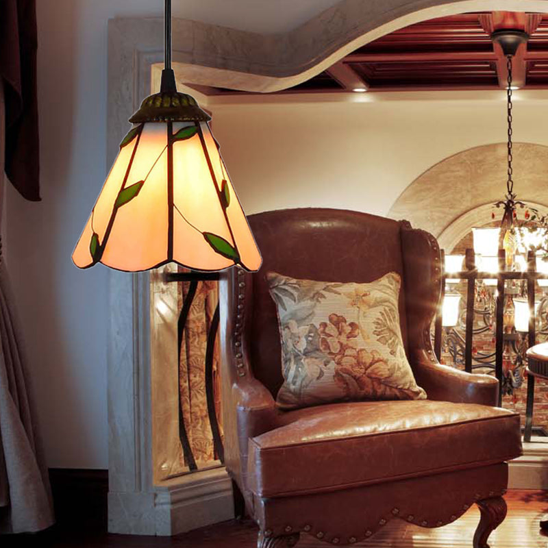 6.5"/12"/16" W Tiffany-Style Cone Pendulum Light 1 Head Handcrafted Art Glass Suspension Lamp in Beige Clearhalo 'Ceiling Lights' 'Industrial' 'Middle Century Pendants' 'Pendant Lights' 'Pendants' 'Tiffany close to ceiling' 'Tiffany Pendants' 'Tiffany' Lighting' 169919