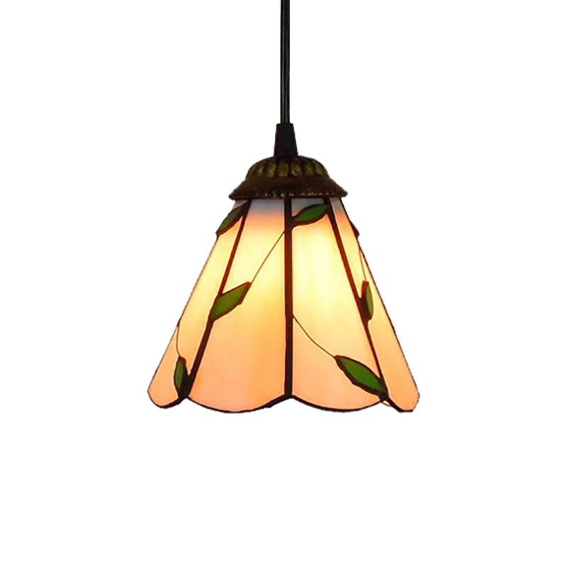 6.5"/12"/16" W Tiffany-Style Cone Pendulum Light 1 Head Handcrafted Art Glass Suspension Lamp in Beige Clearhalo 'Ceiling Lights' 'Industrial' 'Middle Century Pendants' 'Pendant Lights' 'Pendants' 'Tiffany close to ceiling' 'Tiffany Pendants' 'Tiffany' Lighting' 169920