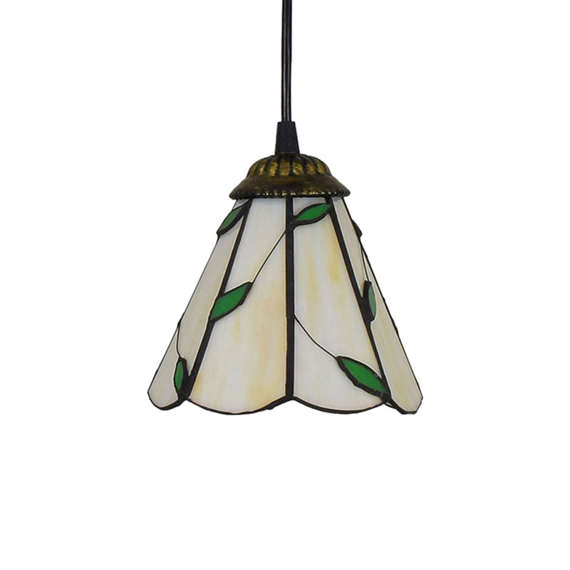 6.5"/12"/16" W Tiffany-Style Cone Pendulum Light 1 Head Handcrafted Art Glass Suspension Lamp in Beige Clearhalo 'Ceiling Lights' 'Industrial' 'Middle Century Pendants' 'Pendant Lights' 'Pendants' 'Tiffany close to ceiling' 'Tiffany Pendants' 'Tiffany' Lighting' 169921