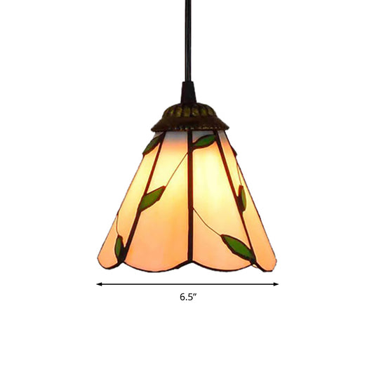 6.5"/12"/16" W Tiffany-Style Cone Pendulum Light 1 Head Handcrafted Art Glass Suspension Lamp in Beige Clearhalo 'Ceiling Lights' 'Industrial' 'Middle Century Pendants' 'Pendant Lights' 'Pendants' 'Tiffany close to ceiling' 'Tiffany Pendants' 'Tiffany' Lighting' 169922