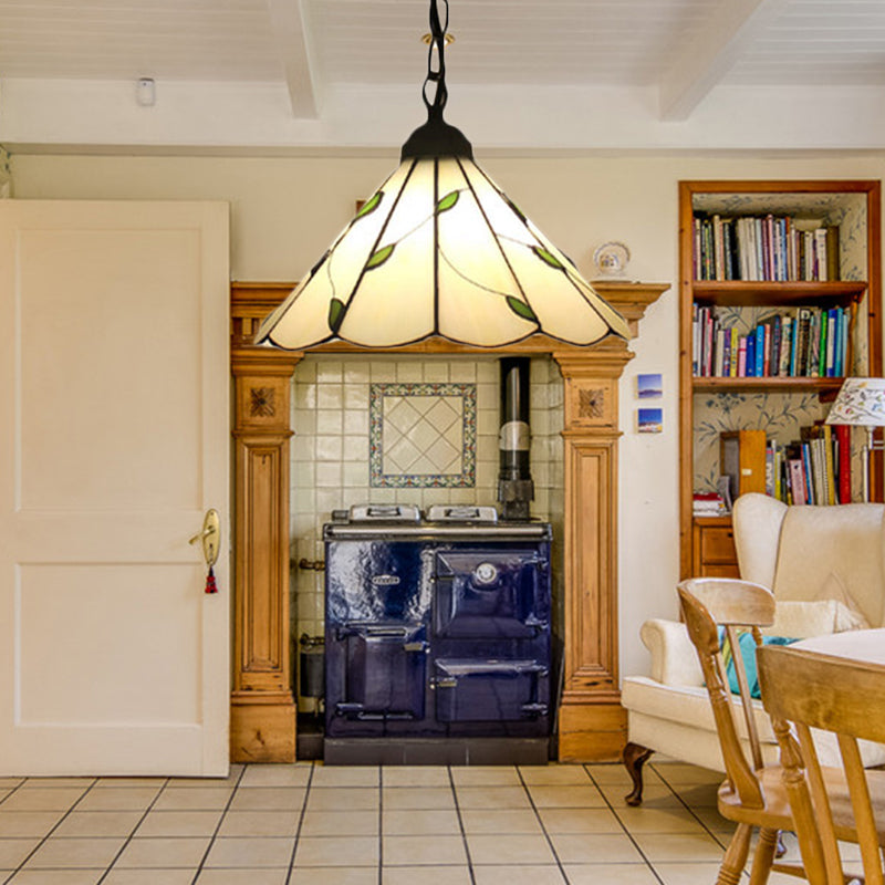 6.5"/12"/16" W Tiffany-Style Cone Pendulum Light 1 Head Handcrafted Art Glass Suspension Lamp in Beige Beige 12" Clearhalo 'Ceiling Lights' 'Industrial' 'Middle Century Pendants' 'Pendant Lights' 'Pendants' 'Tiffany close to ceiling' 'Tiffany Pendants' 'Tiffany' Lighting' 169923