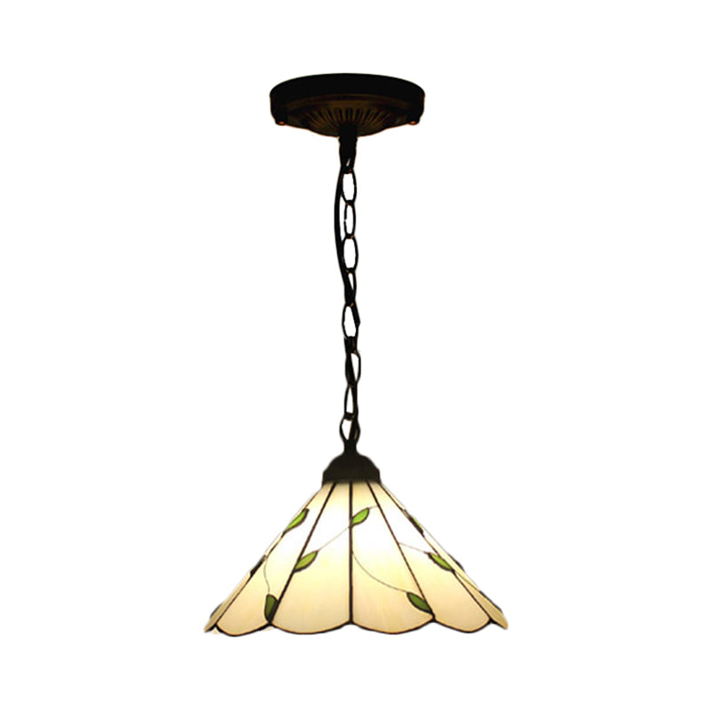 6.5"/12"/16" W Tiffany-Style Cone Pendulum Light 1 Head Handcrafted Art Glass Suspension Lamp in Beige Clearhalo 'Ceiling Lights' 'Industrial' 'Middle Century Pendants' 'Pendant Lights' 'Pendants' 'Tiffany close to ceiling' 'Tiffany Pendants' 'Tiffany' Lighting' 169924