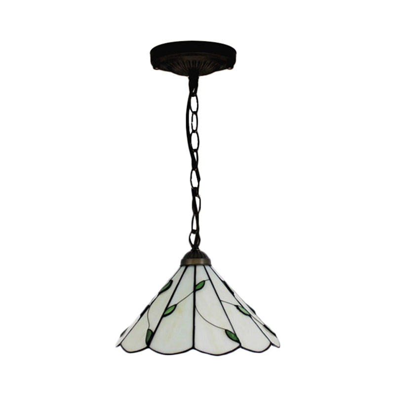 6.5"/12"/16" W Tiffany-Style Cone Pendulum Light 1 Head Handcrafted Art Glass Suspension Lamp in Beige Clearhalo 'Ceiling Lights' 'Industrial' 'Middle Century Pendants' 'Pendant Lights' 'Pendants' 'Tiffany close to ceiling' 'Tiffany Pendants' 'Tiffany' Lighting' 169925