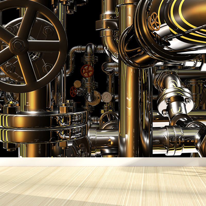 Dark Color Machinery Mural Wallpaper Metal Industrial Washable Wall Covering for Kitchen Gold Clearhalo 'Wall Decor' 'Wall Mural' 1699257