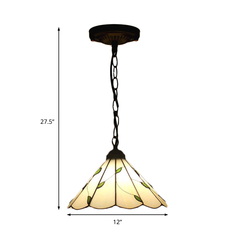 6.5"/12"/16" W Tiffany-Style Cone Pendulum Light 1 Head Handcrafted Art Glass Suspension Lamp in Beige Clearhalo 'Ceiling Lights' 'Industrial' 'Middle Century Pendants' 'Pendant Lights' 'Pendants' 'Tiffany close to ceiling' 'Tiffany Pendants' 'Tiffany' Lighting' 169926