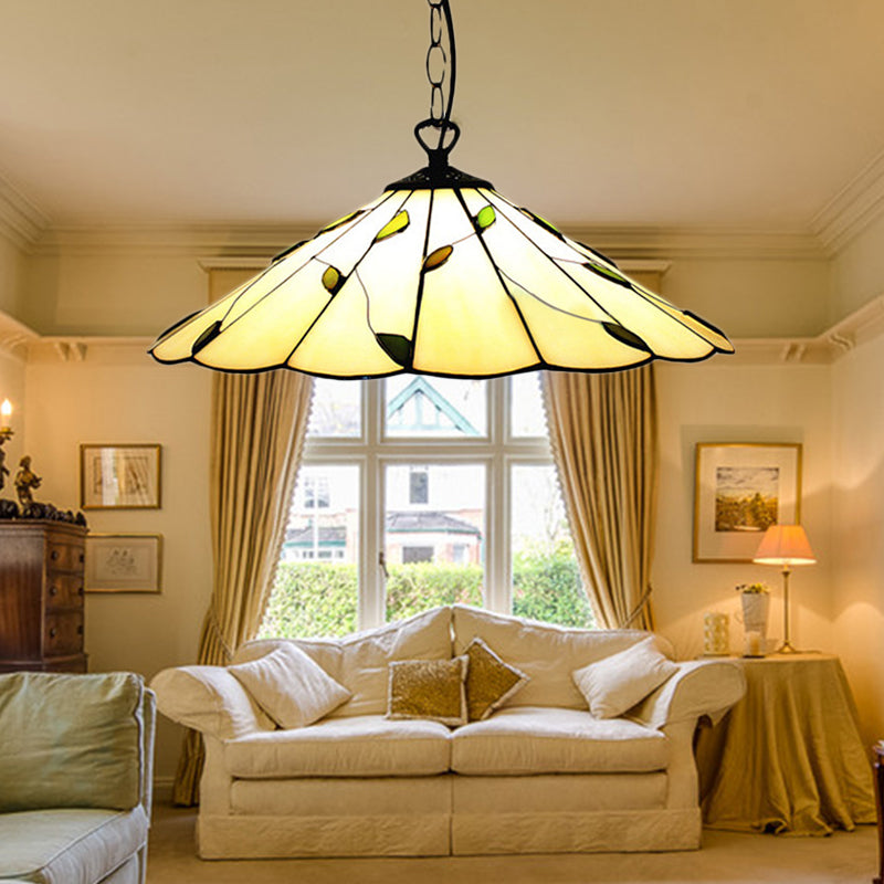 6.5"/12"/16" W Tiffany-Style Cone Pendulum Light 1 Head Handcrafted Art Glass Suspension Lamp in Beige Beige 16" Clearhalo 'Ceiling Lights' 'Industrial' 'Middle Century Pendants' 'Pendant Lights' 'Pendants' 'Tiffany close to ceiling' 'Tiffany Pendants' 'Tiffany' Lighting' 169927