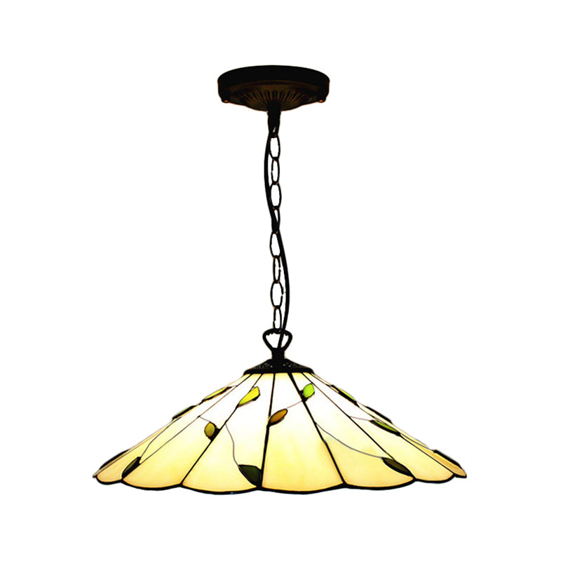 6.5"/12"/16" W Tiffany-Style Cone Pendulum Light 1 Head Handcrafted Art Glass Suspension Lamp in Beige Clearhalo 'Ceiling Lights' 'Industrial' 'Middle Century Pendants' 'Pendant Lights' 'Pendants' 'Tiffany close to ceiling' 'Tiffany Pendants' 'Tiffany' Lighting' 169928