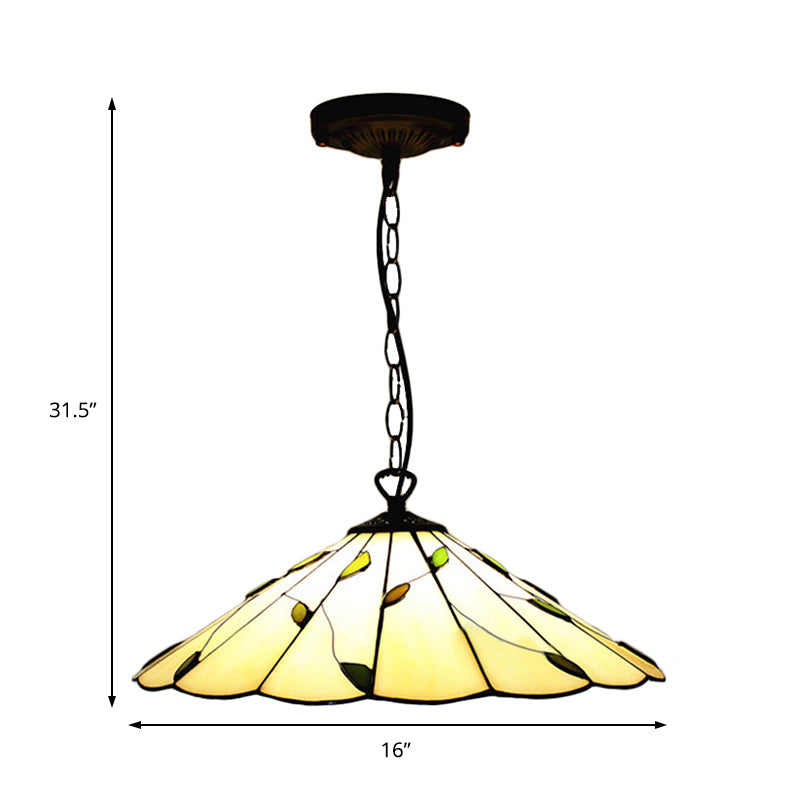 6.5"/12"/16" W Tiffany-Style Cone Pendulum Light 1 Head Handcrafted Art Glass Suspension Lamp in Beige Clearhalo 'Ceiling Lights' 'Industrial' 'Middle Century Pendants' 'Pendant Lights' 'Pendants' 'Tiffany close to ceiling' 'Tiffany Pendants' 'Tiffany' Lighting' 169930