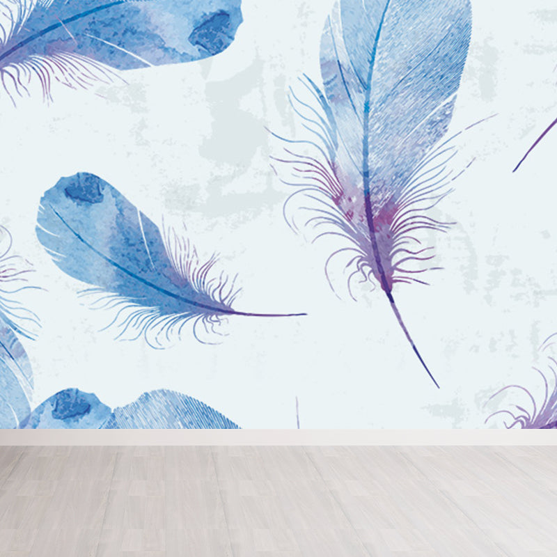 Giant Contemporary Wall Mural in Pastel Color Bird Feather Wall Decor, Custom Printed Blue Clearhalo 'Wall Decor' 'Wall Mural' 1699431