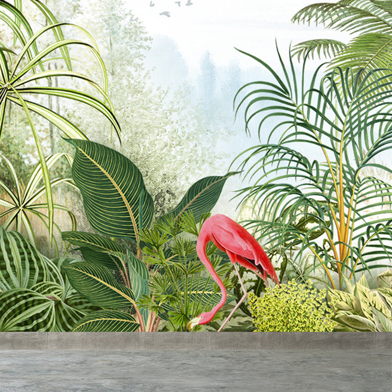 Tropical Botanics Flamingo Mural Decal for Girls Room Custom Wall Covering in Soft Color Green Clearhalo 'Wall Decor' 'Wall Mural' 1699476