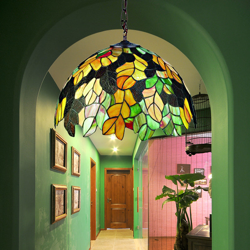 1 Head Leaf/Grape/Flower Down Lighting Tiffany-Style Black Stained Art Glass Pendant Light Fixture Black Leaf Clearhalo 'Ceiling Lights' 'Industrial' 'Middle Century Pendants' 'Pendant Lights' 'Pendants' 'Tiffany close to ceiling' 'Tiffany Pendants' 'Tiffany' Lighting' 169956