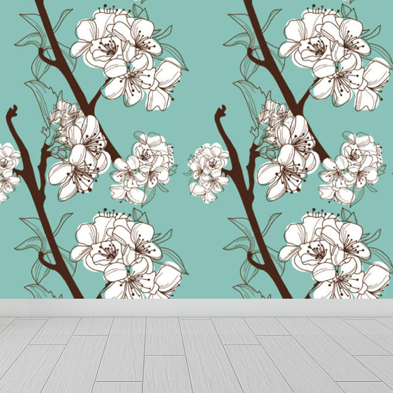 Contemporary Flower Blossom Wall Mural Non-Woven Waterproofing Blue Wall Art for Playroom Blue Design 2 Clearhalo 'Wall Decor' 'Wall Mural' 1699631