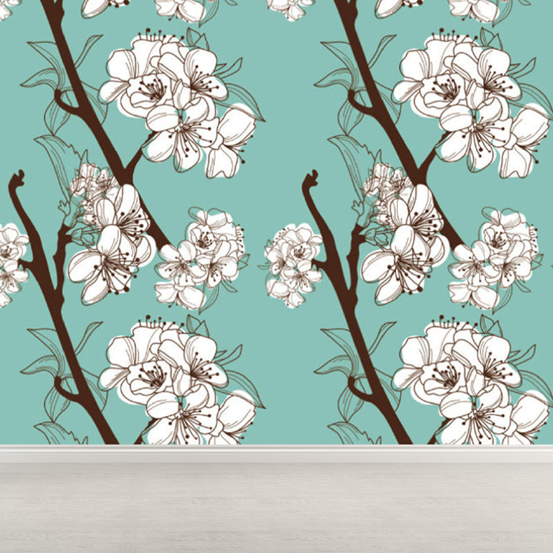 Contemporary Flower Blossom Wall Mural Non-Woven Waterproofing Blue Wall Art for Playroom Clearhalo 'Wall Decor' 'Wall Mural' 1699633