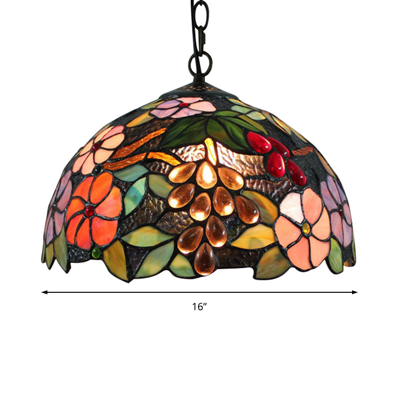 Flower Ceiling Lamp Victorian 1 Bulb Black Handcrafted Art Glass Hanging Pendant Light, 12"/16" Wide Clearhalo 'Ceiling Lights' 'Chandeliers' 'Industrial' 'Middle Century Pendants' 'Pendant Lights' 'Pendants' 'Tiffany close to ceiling' 'Tiffany Pendants' 'Tiffany' Lighting' 169982