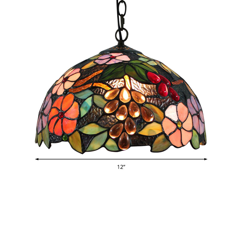 Flower Ceiling Lamp Victorian 1 Bulb Black Handcrafted Art Glass Hanging Pendant Light, 12"/16" Wide Clearhalo 'Ceiling Lights' 'Chandeliers' 'Industrial' 'Middle Century Pendants' 'Pendant Lights' 'Pendants' 'Tiffany close to ceiling' 'Tiffany Pendants' 'Tiffany' Lighting' 169983