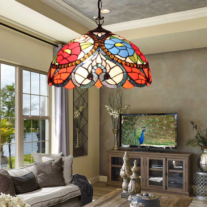 Victorian Bowl Pendant Lamp 3 Heads Black Stained Art Glass Ceiling Hanging Light with/without Pull Chain Clearhalo 'Ceiling Lights' 'Chandeliers' 'Close To Ceiling Lights' 'Glass shade' 'Glass' 'Industrial' 'Middle Century Chandeliers' 'Pendant Lights' 'Tiffany Chandeliers' 'Tiffany close to ceiling' 'Tiffany' Lighting' 169996