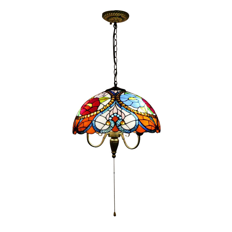 Victorian Bowl Pendant Lamp 3 Heads Black Stained Art Glass Ceiling Hanging Light with/without Pull Chain Clearhalo 'Ceiling Lights' 'Chandeliers' 'Close To Ceiling Lights' 'Glass shade' 'Glass' 'Industrial' 'Middle Century Chandeliers' 'Pendant Lights' 'Tiffany Chandeliers' 'Tiffany close to ceiling' 'Tiffany' Lighting' 170001