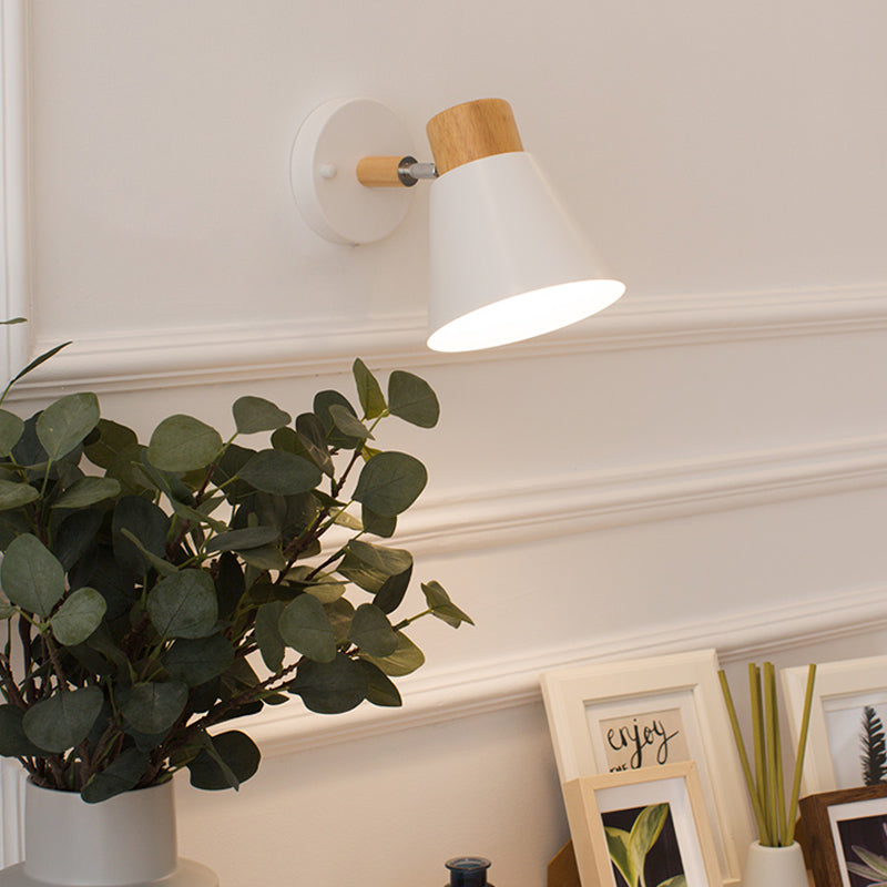 Nordic Stylish Cone Shade Wall Mount Light Metal and Wood 1 Bulb Bedside Rotatable Wall Sconce in Black/White Clearhalo 'Cast Iron' 'Glass' 'Industrial' 'Modern wall lights' 'Modern' 'Tiffany' 'Traditional wall lights' 'Wall Lamps & Sconces' 'Wall Lights' Lighting' 170004