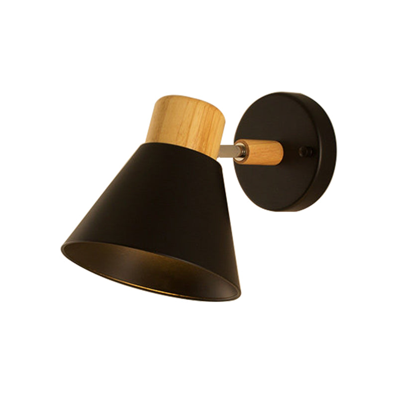 Nordic Stylish Cone Shade Wall Mount Light Metal and Wood 1 Bulb Bedside Rotatable Wall Sconce in Black/White Clearhalo 'Cast Iron' 'Glass' 'Industrial' 'Modern wall lights' 'Modern' 'Tiffany' 'Traditional wall lights' 'Wall Lamps & Sconces' 'Wall Lights' Lighting' 170009
