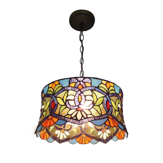 Victorian Style Light Fixtures over Table, Adjustable Stained Glass Drum Pendant Lighting for Dining Room, 14" W Clearhalo 'Ceiling Lights' 'Close To Ceiling Lights' 'Industrial' 'Middle Century Pendants' 'Pendant Lights' 'Pendants' 'Tiffany close to ceiling' 'Tiffany Pendants' 'Tiffany' Lighting' 170063