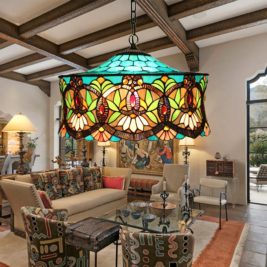 Hanging Lamps for Living Room, Victorian Style Drum Pendant Light Fixture with Stained Glass Shade, 18" W Aqua without Pull Chain Clearhalo 'Ceiling Lights' 'Close To Ceiling Lights' 'Industrial' 'Middle Century Pendants' 'Pendant Lights' 'Pendants' 'Tiffany close to ceiling' 'Tiffany Pendants' 'Tiffany' Lighting' 170083
