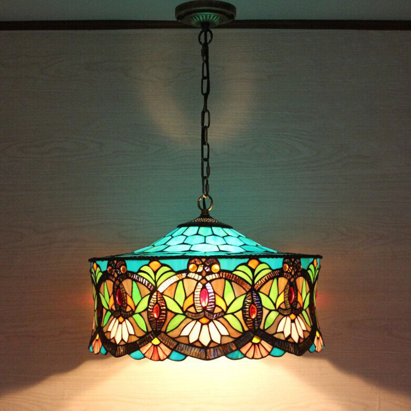 Hanging Lamps for Living Room, Victorian Style Drum Pendant Light Fixture with Stained Glass Shade, 18" W Clearhalo 'Ceiling Lights' 'Close To Ceiling Lights' 'Industrial' 'Middle Century Pendants' 'Pendant Lights' 'Pendants' 'Tiffany close to ceiling' 'Tiffany Pendants' 'Tiffany' Lighting' 170084