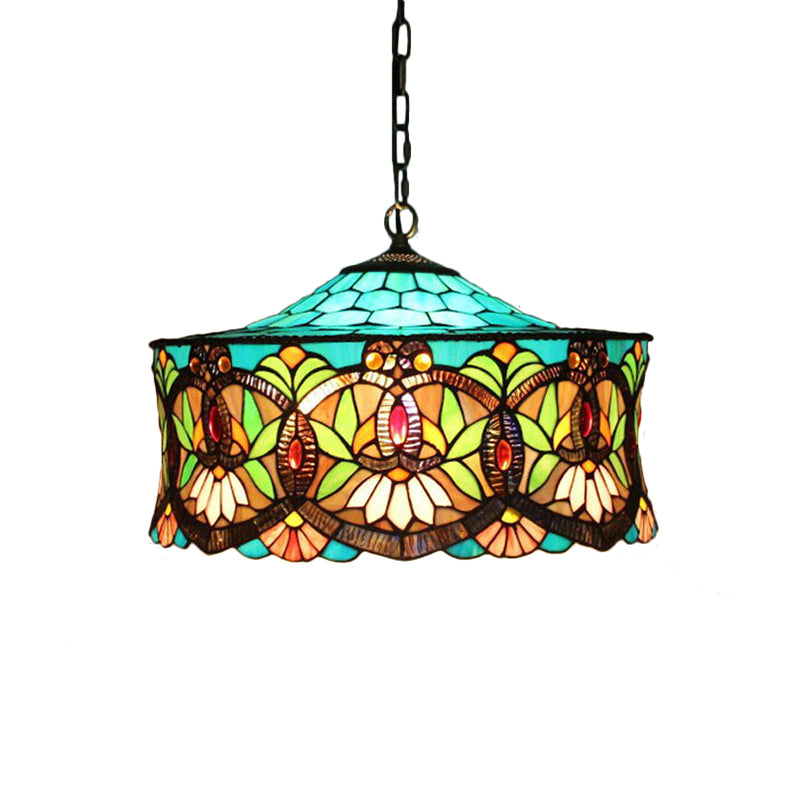 Hanging Lamps for Living Room, Victorian Style Drum Pendant Light Fixture with Stained Glass Shade, 18" W Clearhalo 'Ceiling Lights' 'Close To Ceiling Lights' 'Industrial' 'Middle Century Pendants' 'Pendant Lights' 'Pendants' 'Tiffany close to ceiling' 'Tiffany Pendants' 'Tiffany' Lighting' 170085