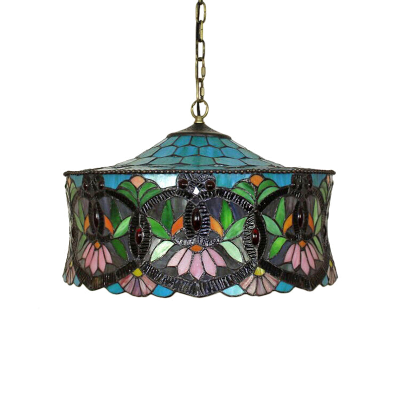 Hanging Lamps for Living Room, Victorian Style Drum Pendant Light Fixture with Stained Glass Shade, 18" W Clearhalo 'Ceiling Lights' 'Close To Ceiling Lights' 'Industrial' 'Middle Century Pendants' 'Pendant Lights' 'Pendants' 'Tiffany close to ceiling' 'Tiffany Pendants' 'Tiffany' Lighting' 170086