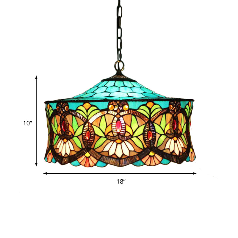 Hanging Lamps for Living Room, Victorian Style Drum Pendant Light Fixture with Stained Glass Shade, 18" W Clearhalo 'Ceiling Lights' 'Close To Ceiling Lights' 'Industrial' 'Middle Century Pendants' 'Pendant Lights' 'Pendants' 'Tiffany close to ceiling' 'Tiffany Pendants' 'Tiffany' Lighting' 170087