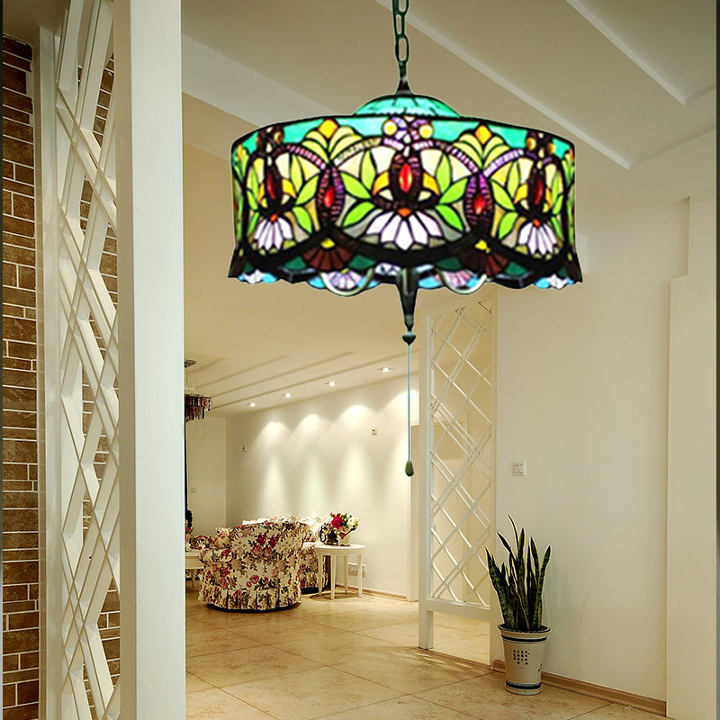 Hanging Lamps for Living Room, Victorian Style Drum Pendant Light Fixture with Stained Glass Shade, 18" W Aqua with Pull Chain Clearhalo 'Ceiling Lights' 'Close To Ceiling Lights' 'Industrial' 'Middle Century Pendants' 'Pendant Lights' 'Pendants' 'Tiffany close to ceiling' 'Tiffany Pendants' 'Tiffany' Lighting' 170089