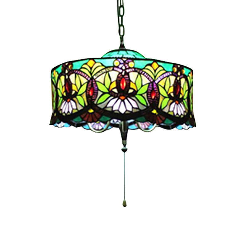 Hanging Lamps for Living Room, Victorian Style Drum Pendant Light Fixture with Stained Glass Shade, 18" W Clearhalo 'Ceiling Lights' 'Close To Ceiling Lights' 'Industrial' 'Middle Century Pendants' 'Pendant Lights' 'Pendants' 'Tiffany close to ceiling' 'Tiffany Pendants' 'Tiffany' Lighting' 170090
