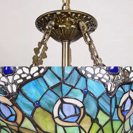 Living Room Ceiling Light LED, 3 Lights Peacock Feather Semi Flush Mount Lighting with Adjustable Chain and Stained Glass Shade Victorian Style Clearhalo 'Ceiling Lights' 'Pendant Lights' 'Pendants' Lighting' 170110