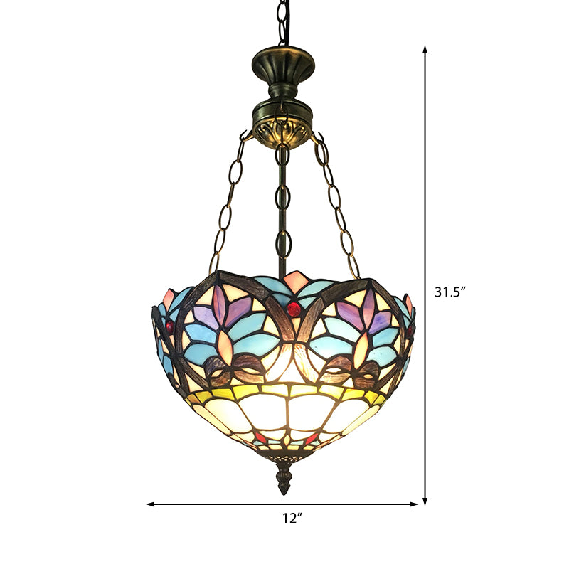 Small LED Pendant Lights, Adjustable 2 Lights Bowl Ceiling Fixture in Antique Brass with Metal Chain and Stained Glass Shade Baroque Style Clearhalo 'Ceiling Lights' 'Chandeliers' 'Iluminaci��n' 'Industrial' 'L��mparas de Ara��a' 'L��mparas de Techo' 'Middle Century Chandeliers' 'Tiffany Chandeliers' 'Tiffany close to ceiling' 'Tiffany' Hogar' Lighting' 170114