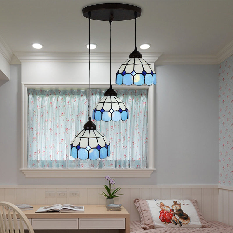 Bowl Hanging Light Fixture Mediterranean Cut Glass 3 Lights Blue Multi Light Pendant for Bedroom Blue Clearhalo 'Ceiling Lights' 'Industrial' 'Island Lights' 'Middle Century Pendants' 'Pendant Lights' 'Pendants' 'Tiffany close to ceiling' 'Tiffany Pendants' 'Tiffany' Lighting' 170119