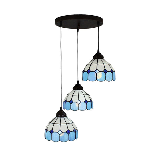 Bowl Hanging Light Fixture Mediterranean Cut Glass 3 Lights Blue Multi Light Pendant for Bedroom Clearhalo 'Ceiling Lights' 'Industrial' 'Island Lights' 'Middle Century Pendants' 'Pendant Lights' 'Pendants' 'Tiffany close to ceiling' 'Tiffany Pendants' 'Tiffany' Lighting' 170121