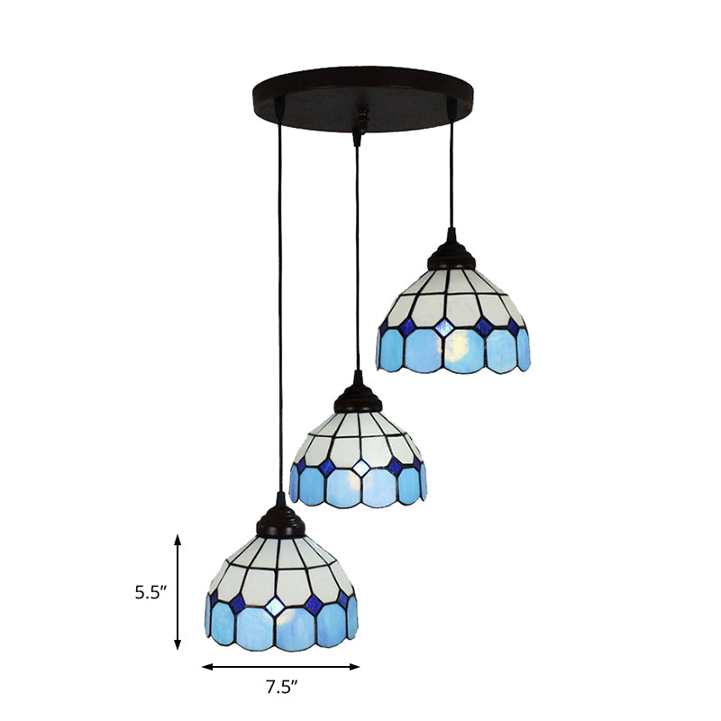 Bowl Hanging Light Fixture Mediterranean Cut Glass 3 Lights Blue Multi Light Pendant for Bedroom Clearhalo 'Ceiling Lights' 'Industrial' 'Island Lights' 'Middle Century Pendants' 'Pendant Lights' 'Pendants' 'Tiffany close to ceiling' 'Tiffany Pendants' 'Tiffany' Lighting' 170122