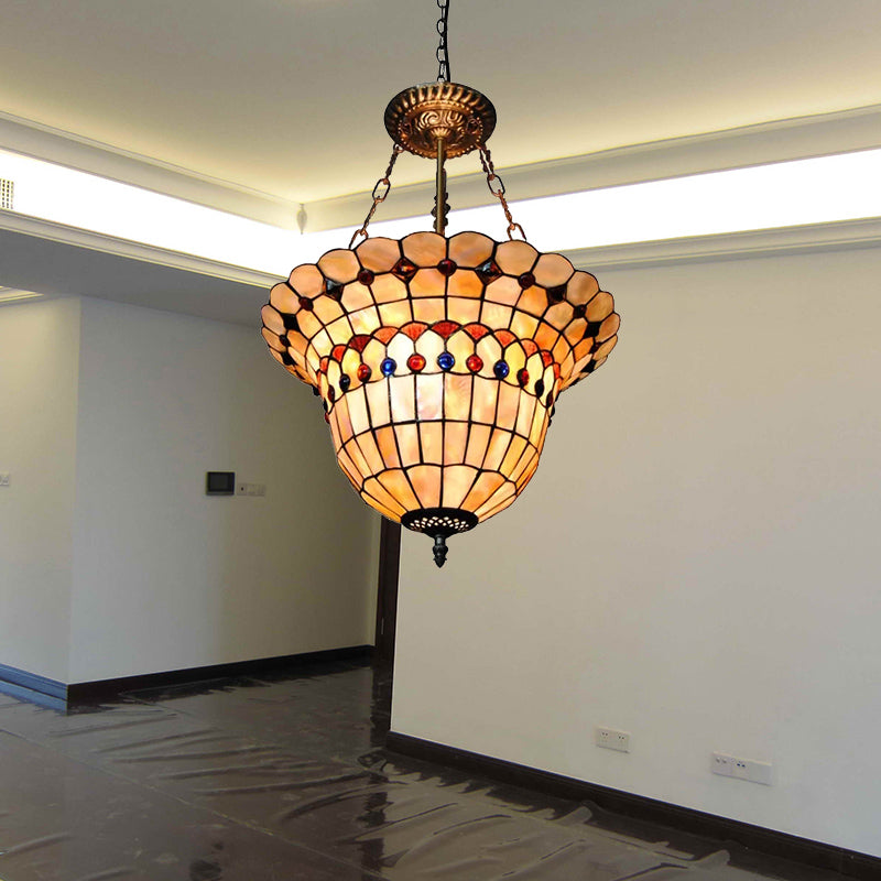 Tiffany Style Stained Glass Ceiling Light with LED Lights, Jeweled Semi Flush Mount Lighting with Rod for Bedroom Beige Clearhalo 'Ceiling Lights' 'Chandeliers' 'Industrial' 'Middle Century Chandeliers' 'Tiffany Chandeliers' 'Tiffany' Lighting' 170123