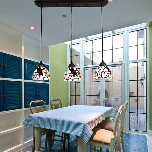 Hanging Lights for Dining Table, 3-Light Dragonfly Linear Ceiling Fixture with Art Glass Shade White Clearhalo 'Ceiling Lights' 'Industrial' 'Island Lights' 'Middle Century Pendants' 'Pendant Lights' 'Pendants' 'Tiffany close to ceiling' 'Tiffany Pendants' 'Tiffany' Lighting' 170144