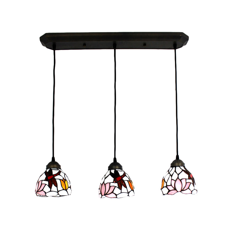 Hanging Lights for Dining Table, 3-Light Dragonfly Linear Ceiling Fixture with Art Glass Shade Clearhalo 'Ceiling Lights' 'Industrial' 'Island Lights' 'Middle Century Pendants' 'Pendant Lights' 'Pendants' 'Tiffany close to ceiling' 'Tiffany Pendants' 'Tiffany' Lighting' 170146