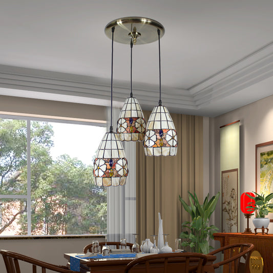 Tiffany Trumpet Cluster Pendant Light Shell 3 Heads Hanging Ceiling Light in Beige for Dining Room Clearhalo 'Ceiling Lights' 'Industrial' 'Island Lights' 'Middle Century Pendants' 'Pendant Lights' 'Pendants' 'Tiffany close to ceiling' 'Tiffany Pendants' 'Tiffany' Lighting' 170151