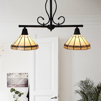 Beige 2 Heads Island Pendant Light Tiffany Stylish Stainless Glass Cone Shade Hanging Ceiling Light Beige Clearhalo 'Ceiling Lights' 'Chandeliers' 'Glass shade' 'Glass' 'Island Lights' 'Tiffany close to ceiling' 'Tiffany' Lighting' 170154
