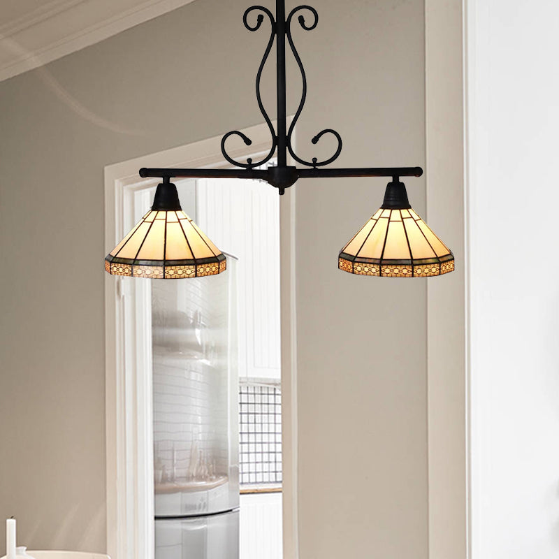 Beige 2 Heads Island Pendant Light Tiffany Stylish Stainless Glass Cone Shade Hanging Ceiling Light Clearhalo 'Ceiling Lights' 'Chandeliers' 'Glass shade' 'Glass' 'Island Lights' 'Tiffany close to ceiling' 'Tiffany' Lighting' 170155