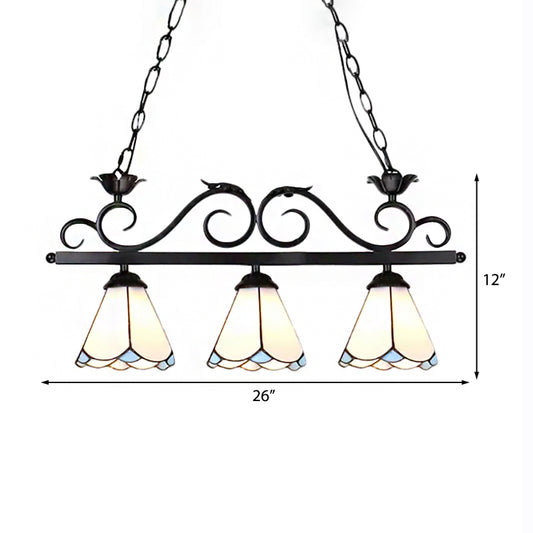White Conic Shade Island Chandelier Light Tiffany Style 3 Bulbs Stainless Glass Pendant Lamp Clearhalo 'Ceiling Lights' 'Chandeliers' 'Glass shade' 'Glass' 'Island Lights' 'Tiffany close to ceiling' 'Tiffany' Lighting' 170216