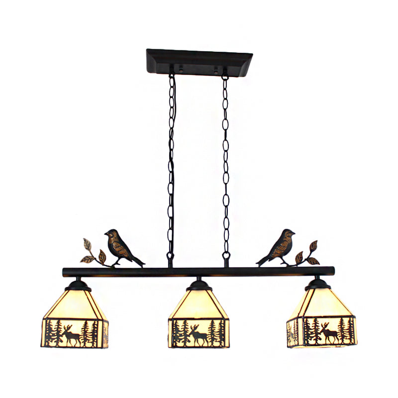 Rustic Lodge Deer Island Lighting with Bird Decoration 3 Lights Stained Glass Pendant Light Clearhalo 'Ceiling Lights' 'Chandeliers' 'Close To Ceiling Lights' 'Glass shade' 'Glass' 'Island Lights' 'Tiffany close to ceiling' 'Tiffany' Lighting' 170220