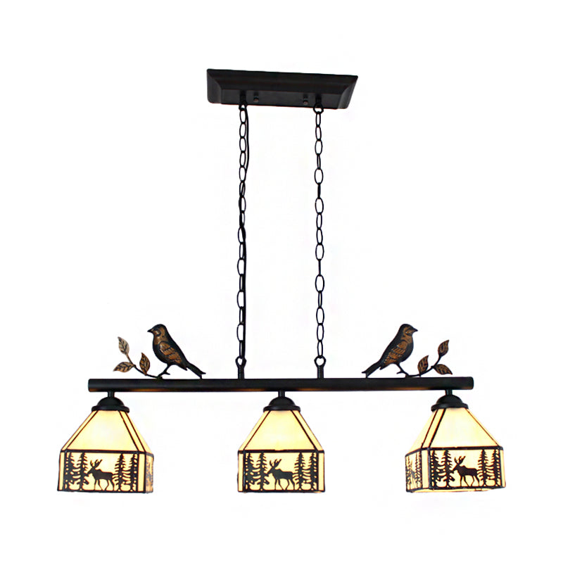 Rustic Lodge Deer Island Lighting with Bird Decoration 3 Lights Stained Glass Pendant Light Clearhalo 'Ceiling Lights' 'Chandeliers' 'Close To Ceiling Lights' 'Glass shade' 'Glass' 'Island Lights' 'Tiffany close to ceiling' 'Tiffany' Lighting' 170220